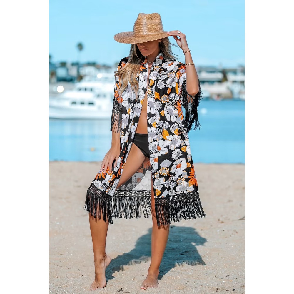 Cupshe Floral Fringe Kimono Cover Up Beach Bohemian Resort Wear Duster size M